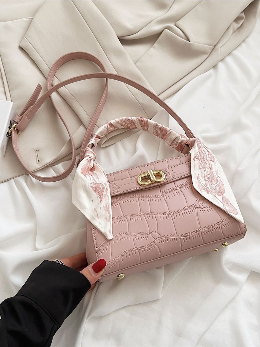 Mini Crocodile Embossed Twilly Scarf Decor Square Bag