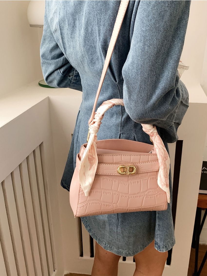 Mini Crocodile Embossed Twilly Scarf Decor Square Bag