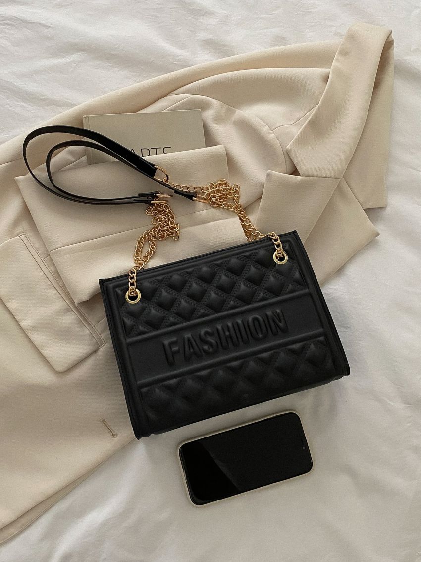 Geometric Embossed Letter Detail Chain Square Bag