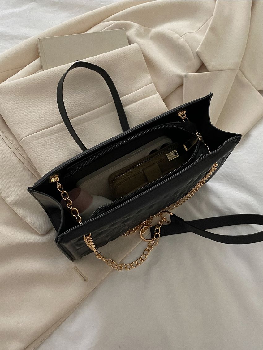 Geometric Embossed Letter Detail Chain Square Bag