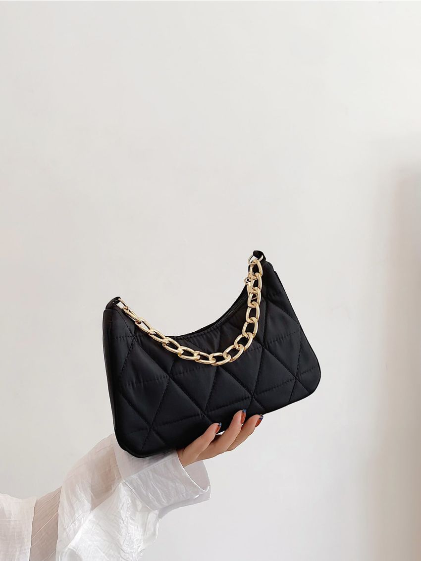 Quilted Detail Chain Hobo Bag