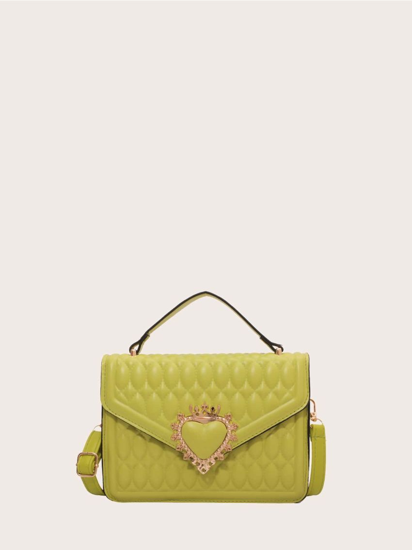Neon Green Quilted Crown & Heart Decor Flap Square Bag