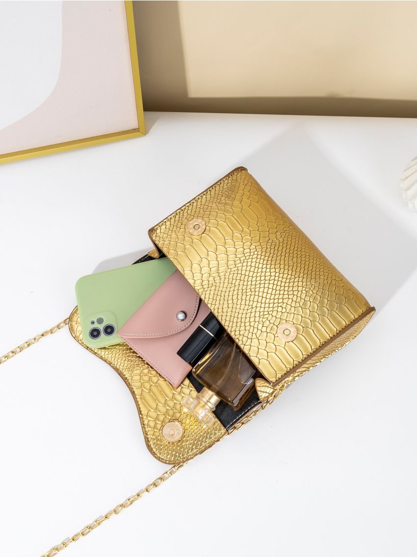 Mini Metallic Snakeskin Embossed Chain Flap Square Bag