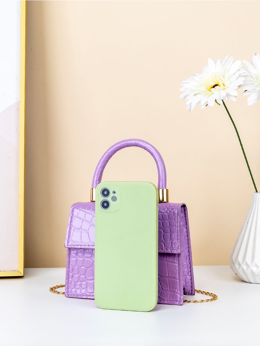 Mini Snakeskin Embossed Flap Chain Square Bag