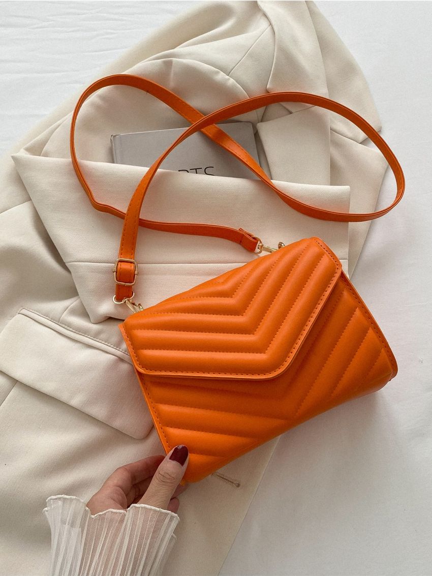 Mini Neon Orange Chevron Quilted Flap Square Bag