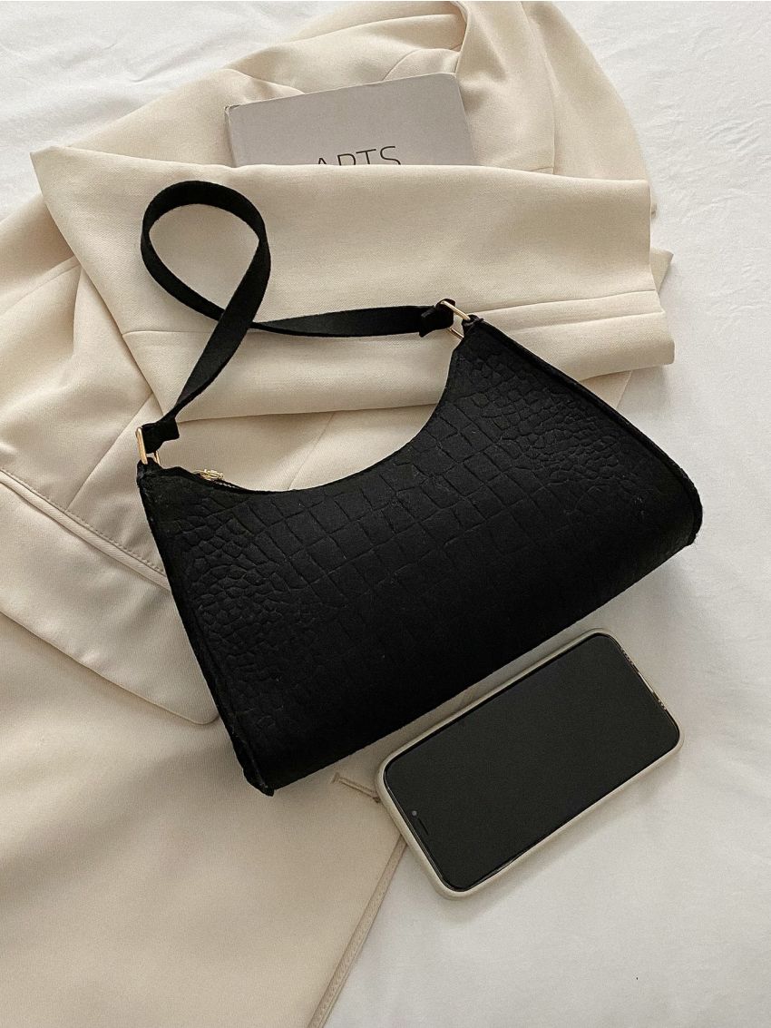 Crocodile Embossed Felt Baguette Bag
