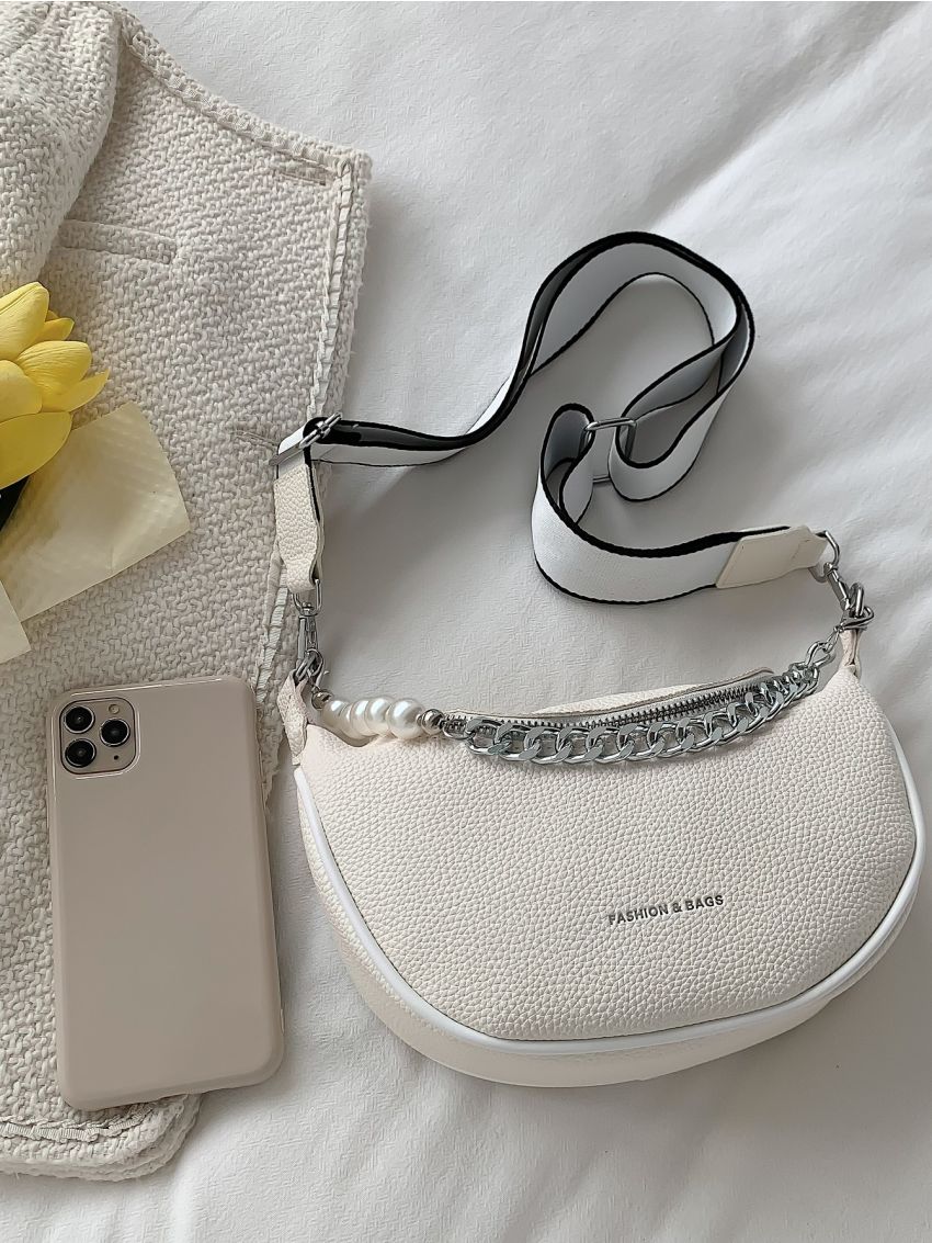 Mini Litchi Embossed Faux Pearl & Chain Decor Waist Bag