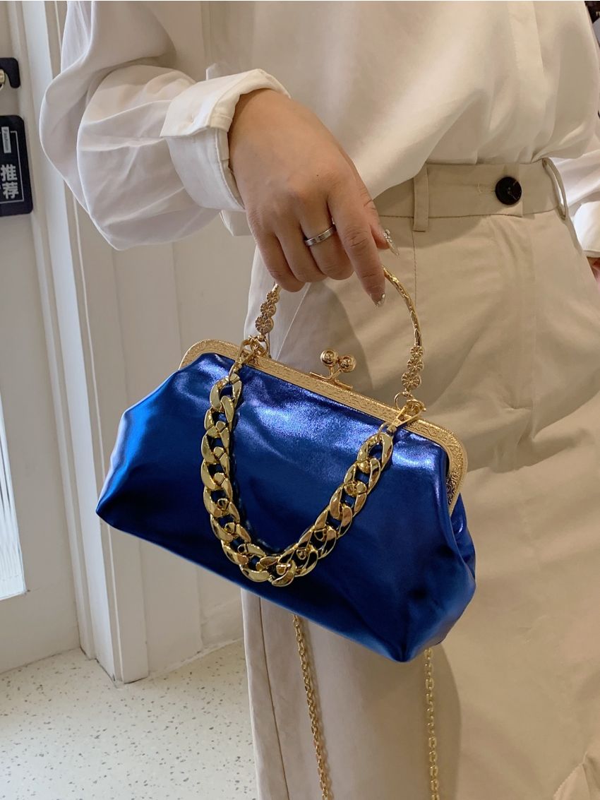 Metallic Chain Decor Kiss Lock Satchel Bag