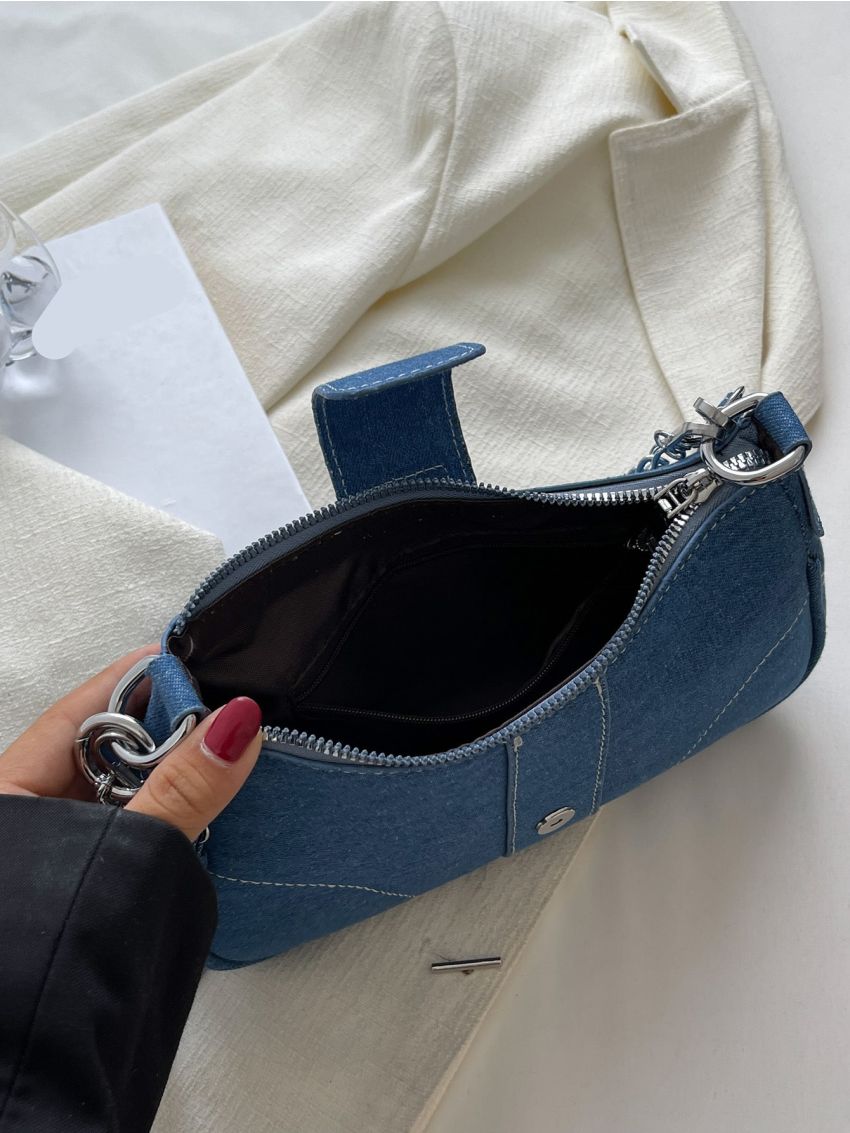 Buckle Decor Stitch Detail Chain Baguette Bag, Women's Buckle Decor Shoulder Bag, Trendy Underarm Purse For Streetwear