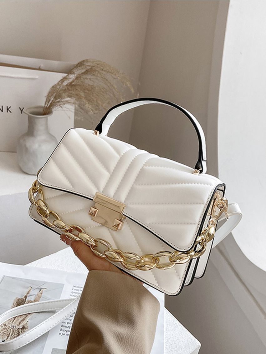 Chevron Detail Chain Decor Flap Square Bag