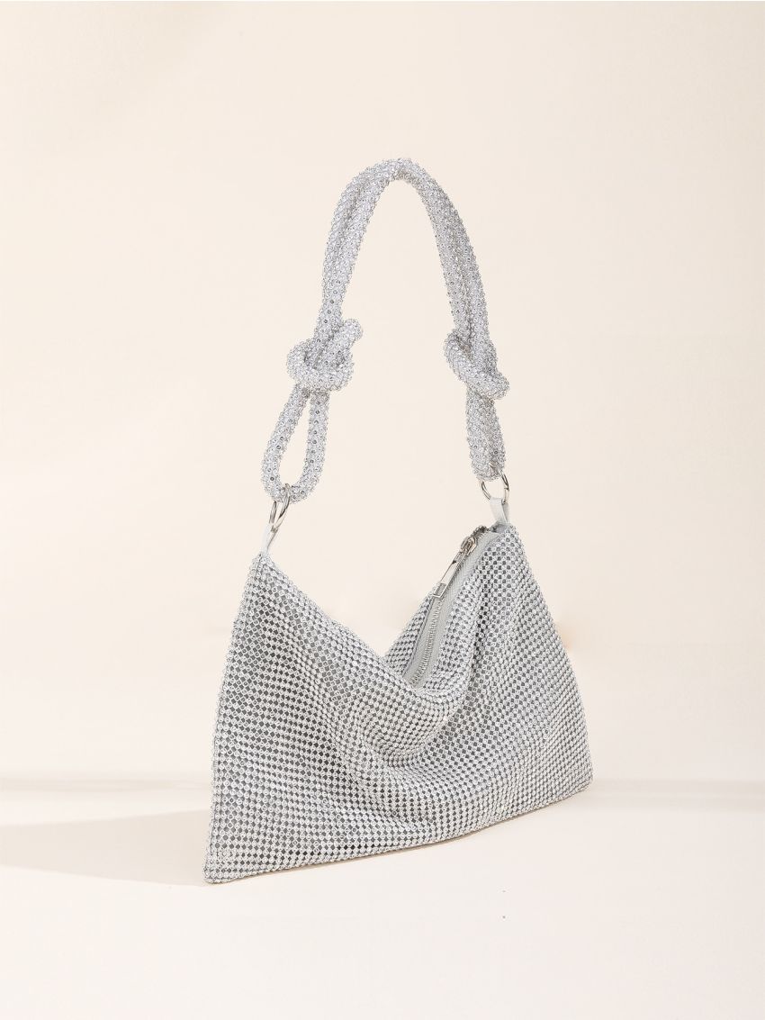 Allover Rhinestone Decor Knot Detail Glitter Trendy Party Evening Bag