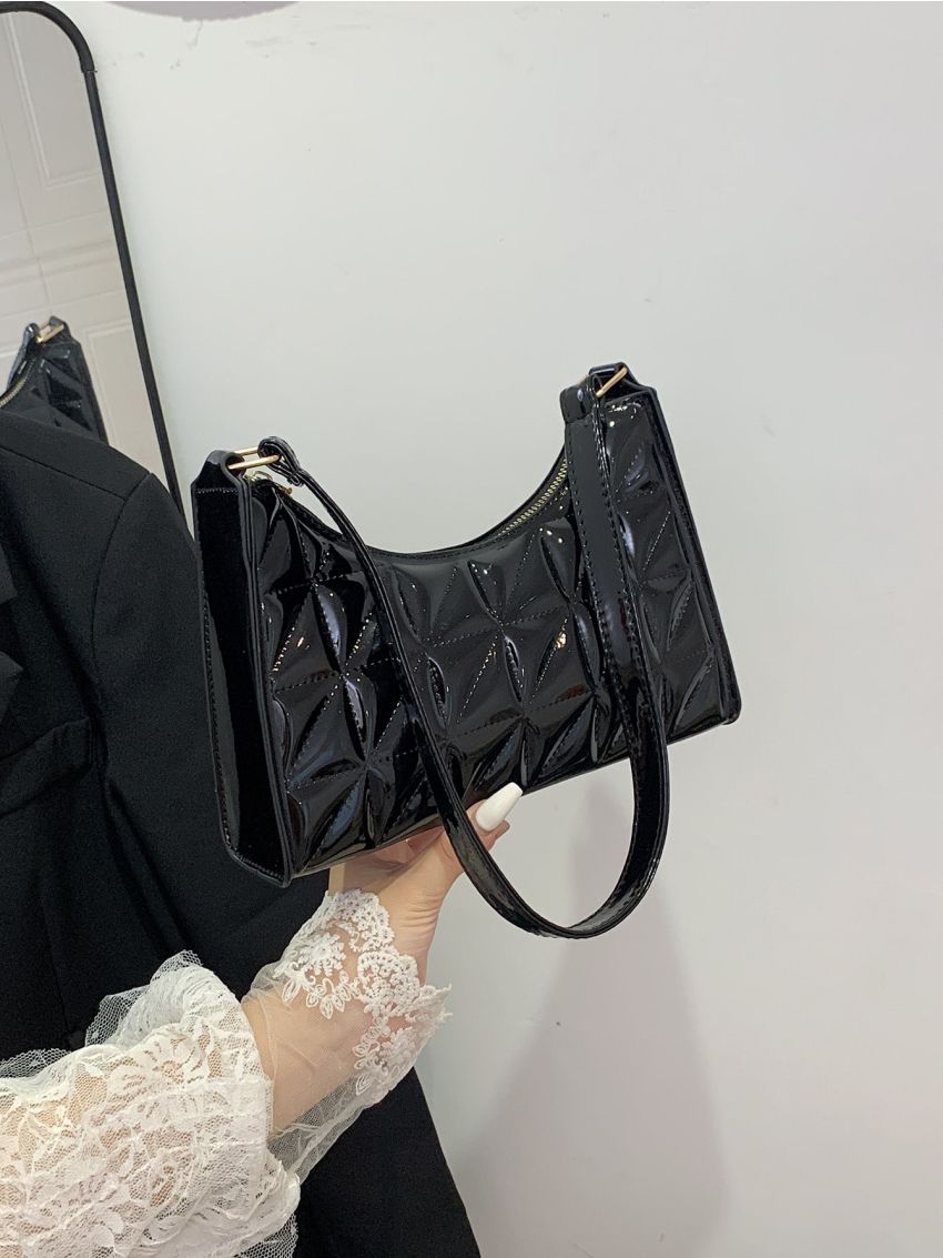 Artificial Patent Leather Quilted Baguette Bag