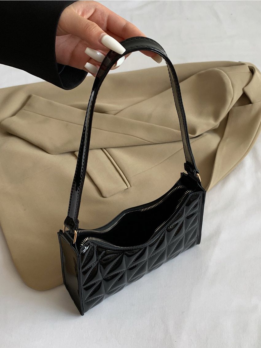 Artificial Patent Leather Quilted Baguette Bag