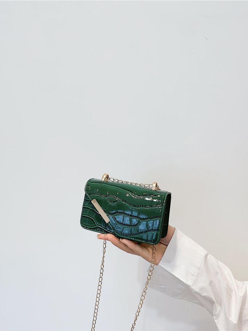 Mini Square Bag Crocodile Embossed Metal Decor For Daily