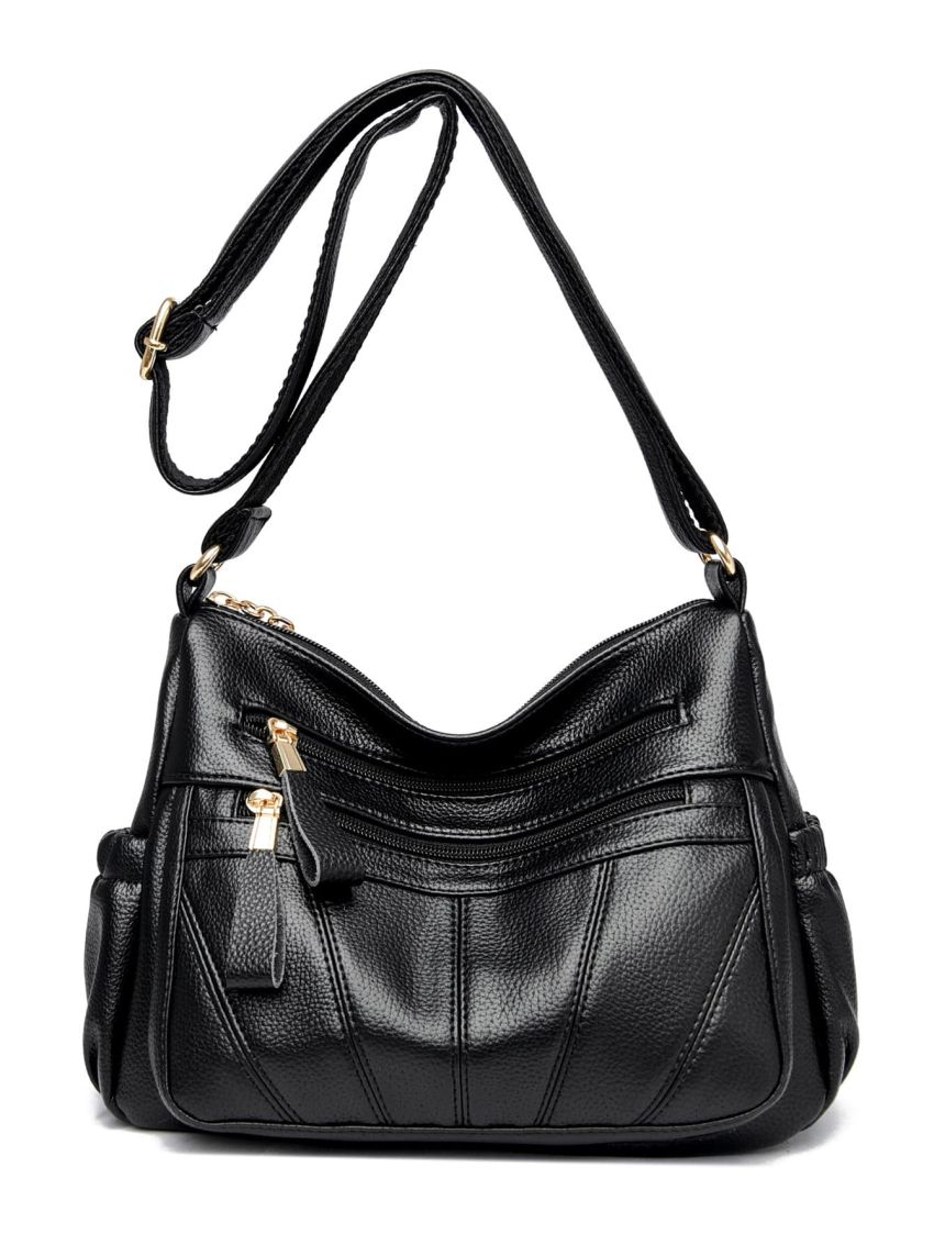 Litchi Embossed Multi Zipper Hobo Bag