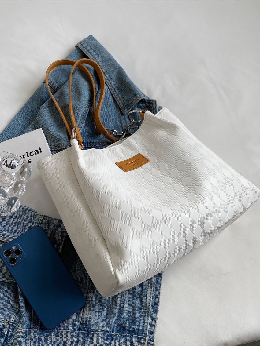 Argyle Pattern Letter Patch Shoulder Tote Bag