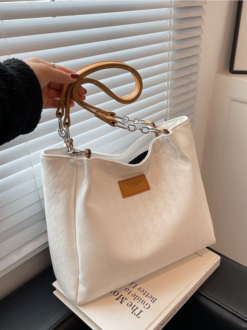 Argyle Pattern Letter Patch Shoulder Tote Bag