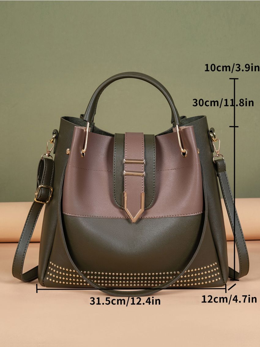 Studded Decor Two Tone Top Handle Bag