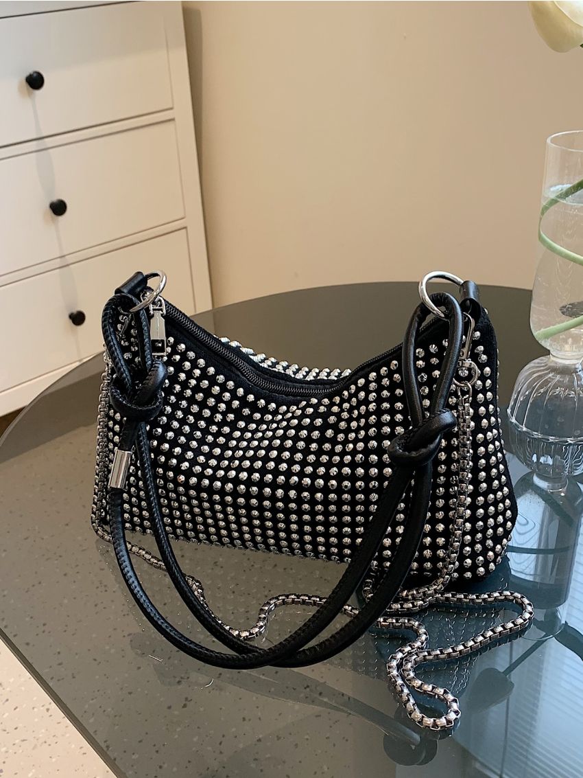 Studded Decor Chain Hobo Bag