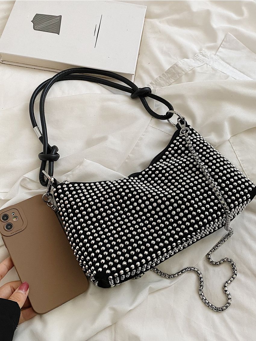 Studded Decor Chain Hobo Bag