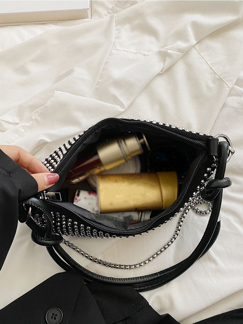 Studded Decor Chain Hobo Bag