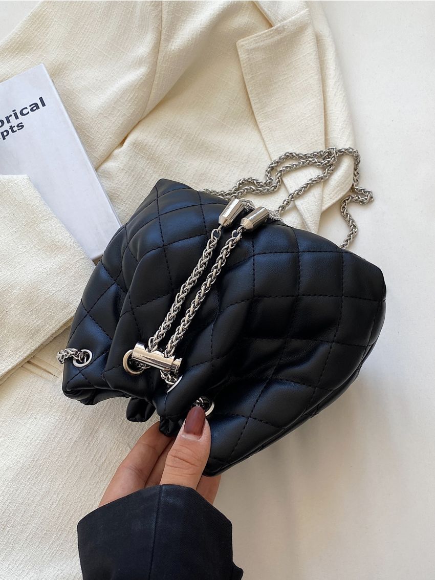 Mini Quilted Metal Tassel Decor Chain Bucket Bag