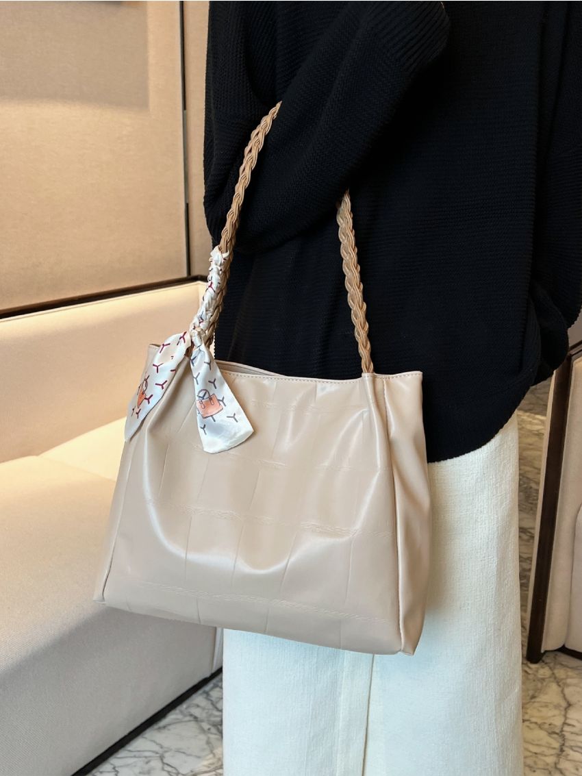 Twilly Scarf Decor Crocodile Embossed Shoulder Tote Bag