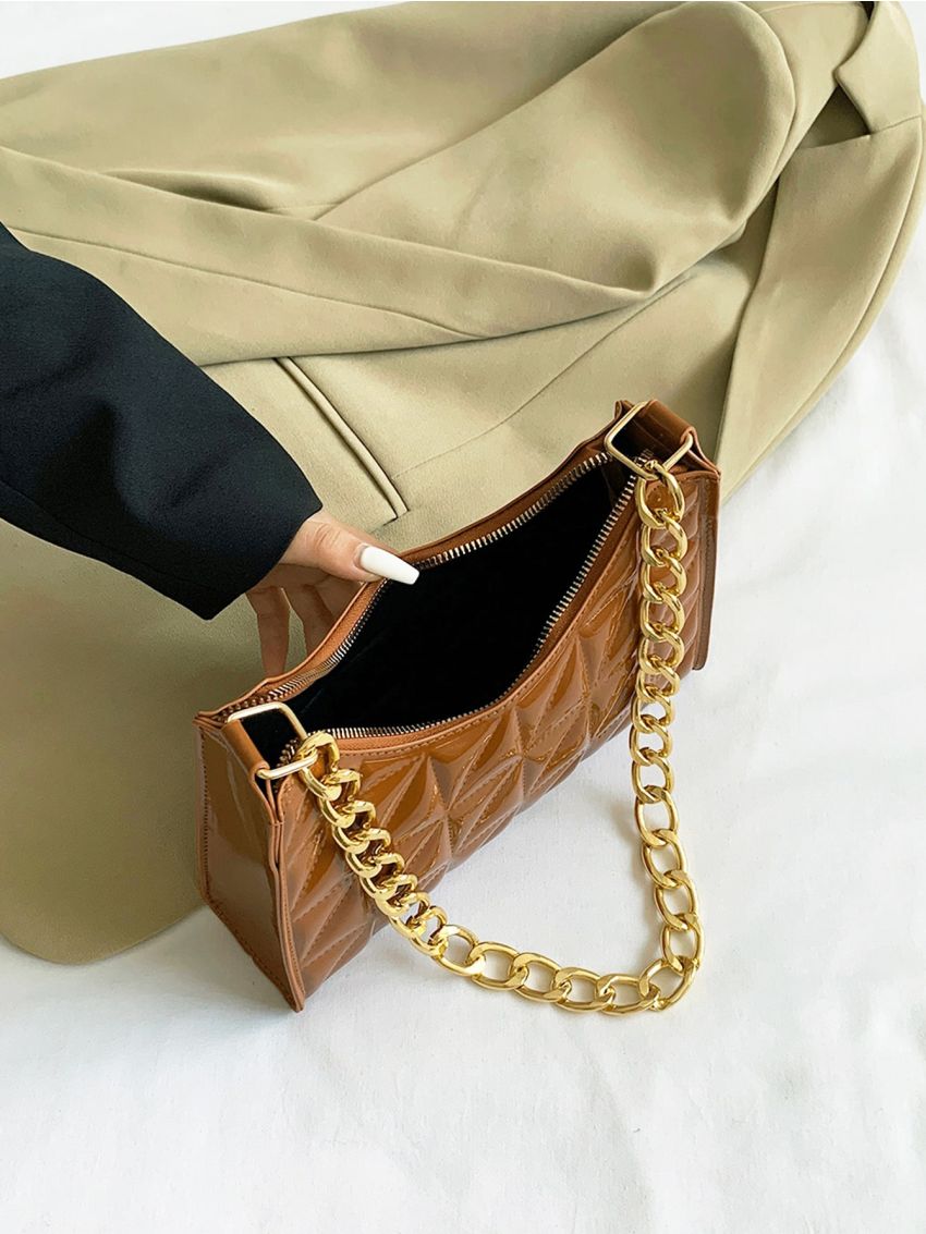 Quilted Chain Artificial Patent Leather Baguette Bag