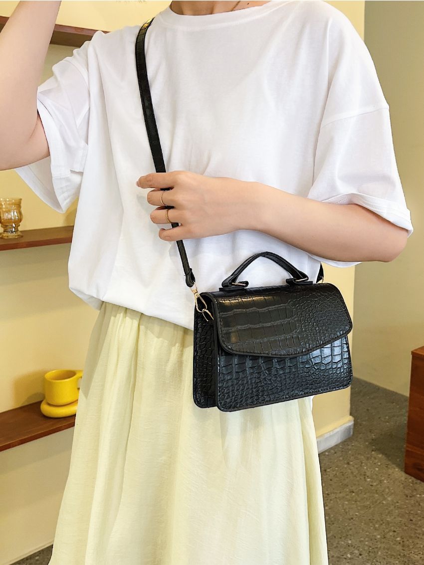 Crocodile Embossed Top Handle Flap Square Bag