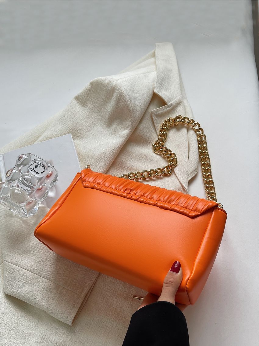 Neon Orange Flap Chain Ruched Bag