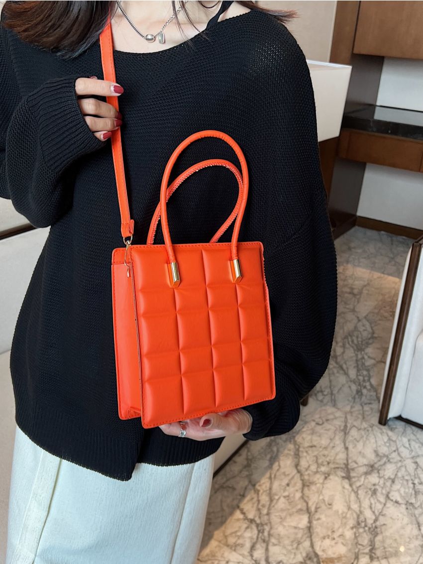 Mini Neon Orange Plaid Embossed Square Bag