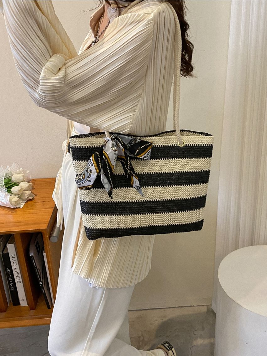 Striped Pattern Twilly Scarf Decor Straw Bag
