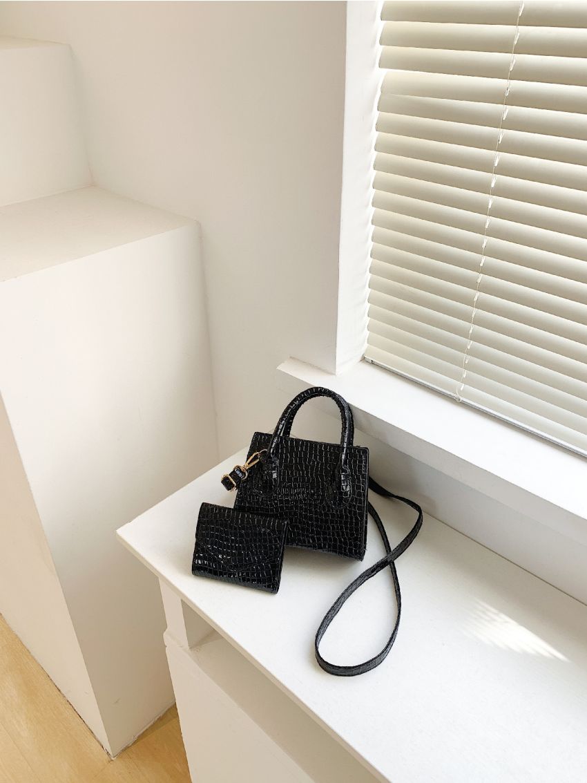 Crocodile Embossed Artificial Patent Leather Square Bag With Purse