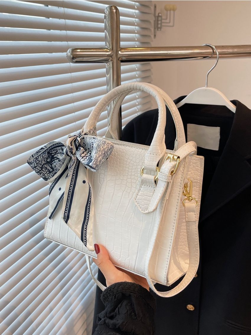 Crocodile Embossed Twilly Scarf Decor Square Bag