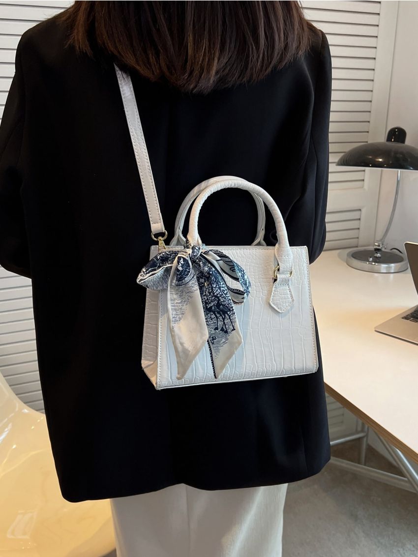 Crocodile Embossed Twilly Scarf Decor Square Bag