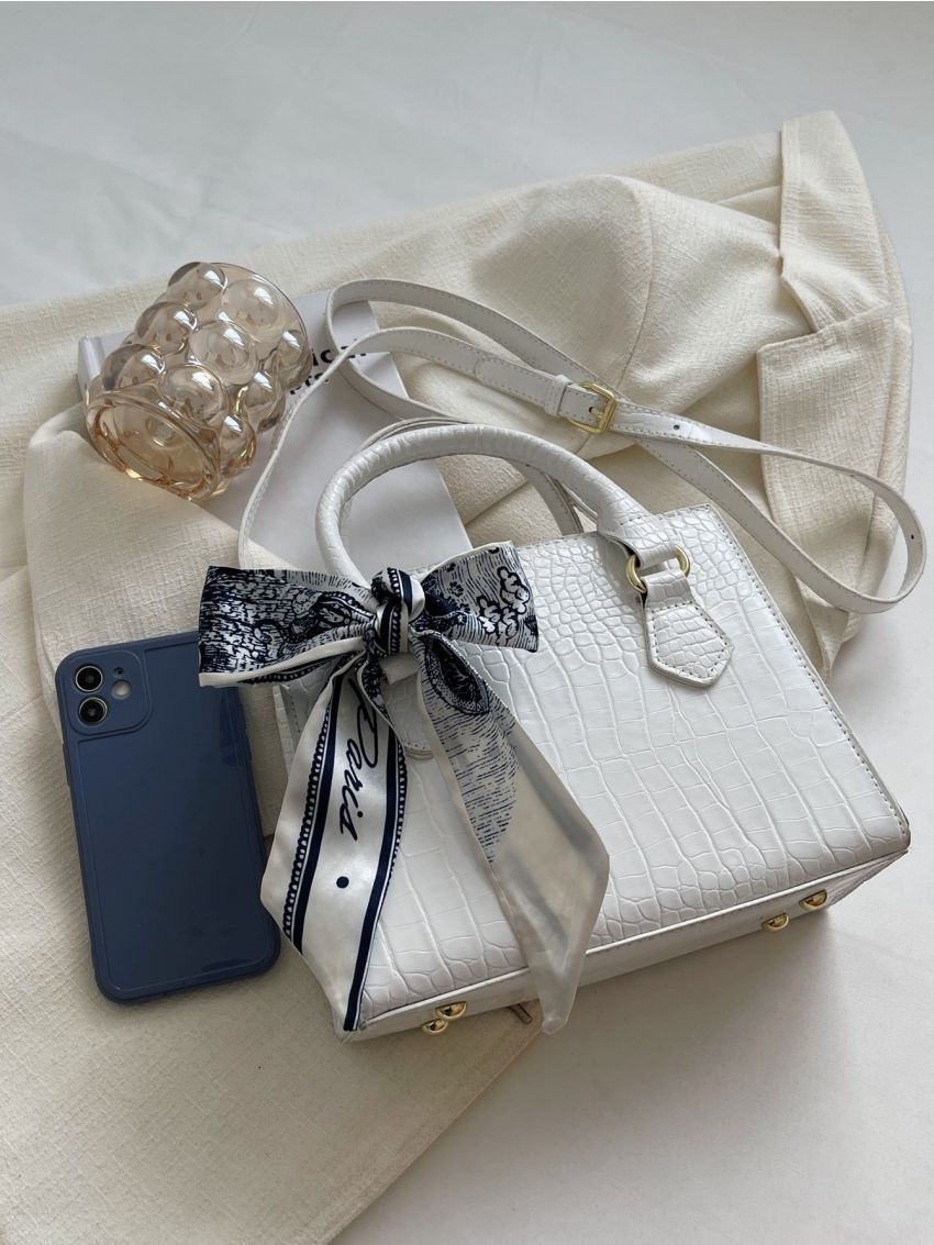 Crocodile Embossed Twilly Scarf Decor Square Bag