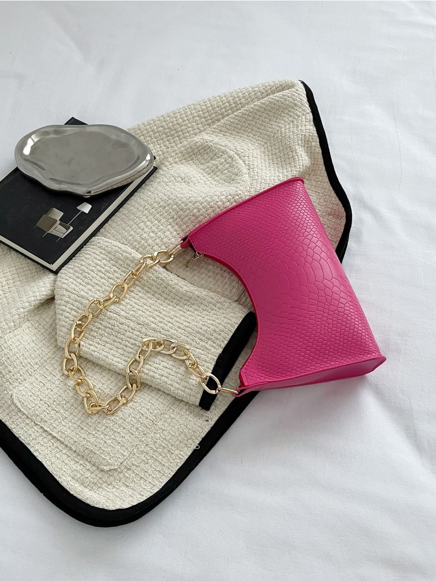 Neon-pink Snakeskin Embossed Chain Baguette Bag