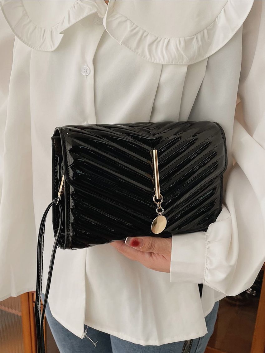 Artificial Patent Leather Chevron Round Charm Flap Square Bag