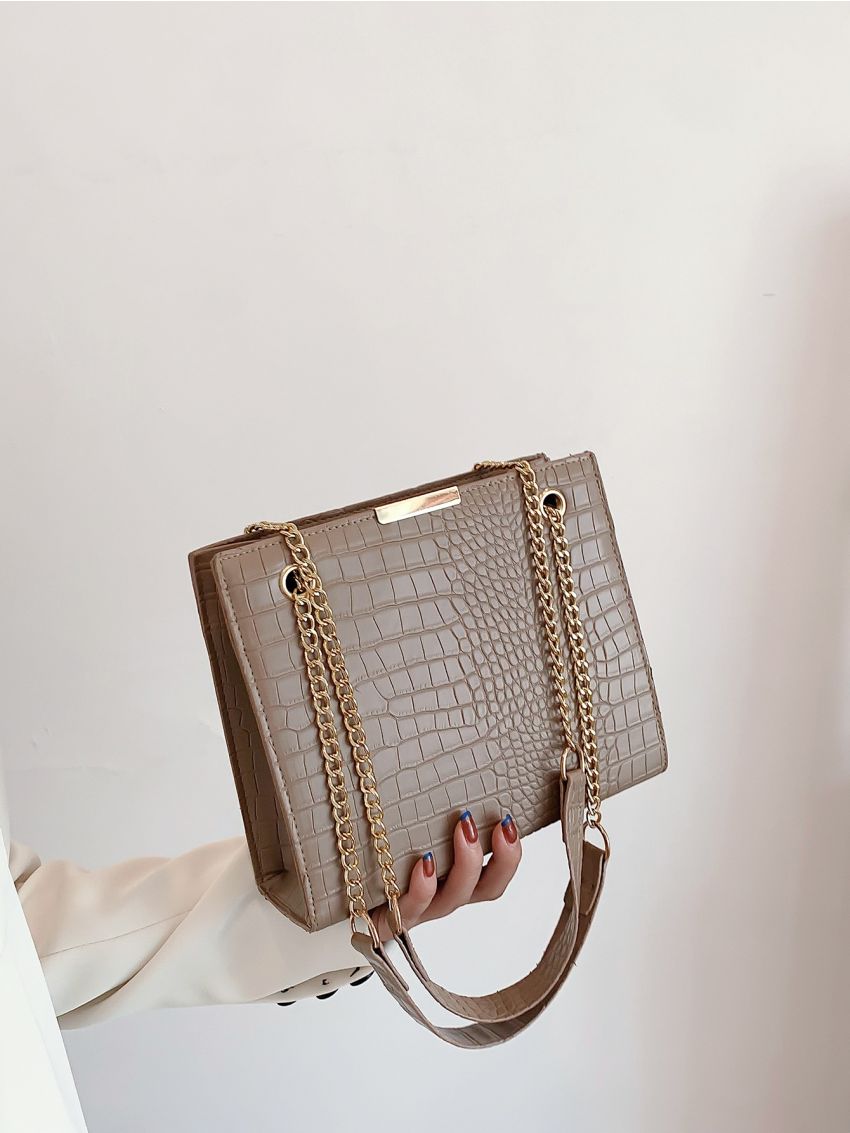 Crocodile Embossed Chain Square Bag