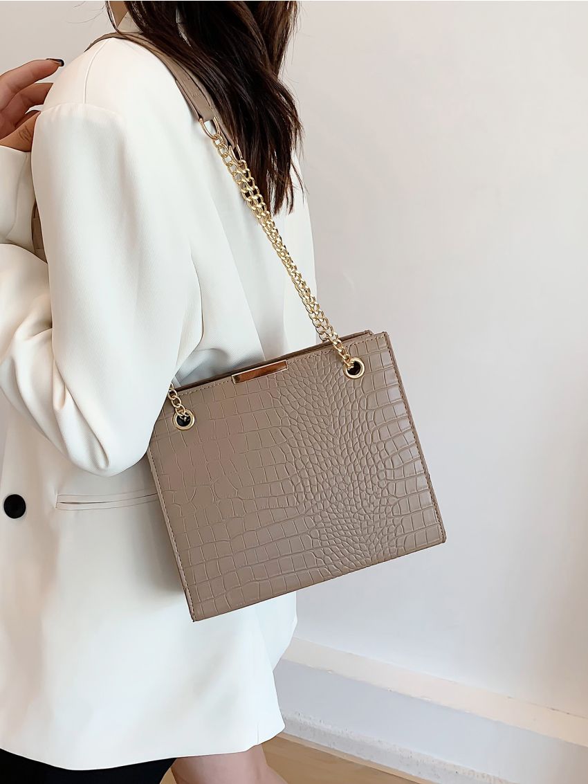 Crocodile Embossed Chain Square Bag