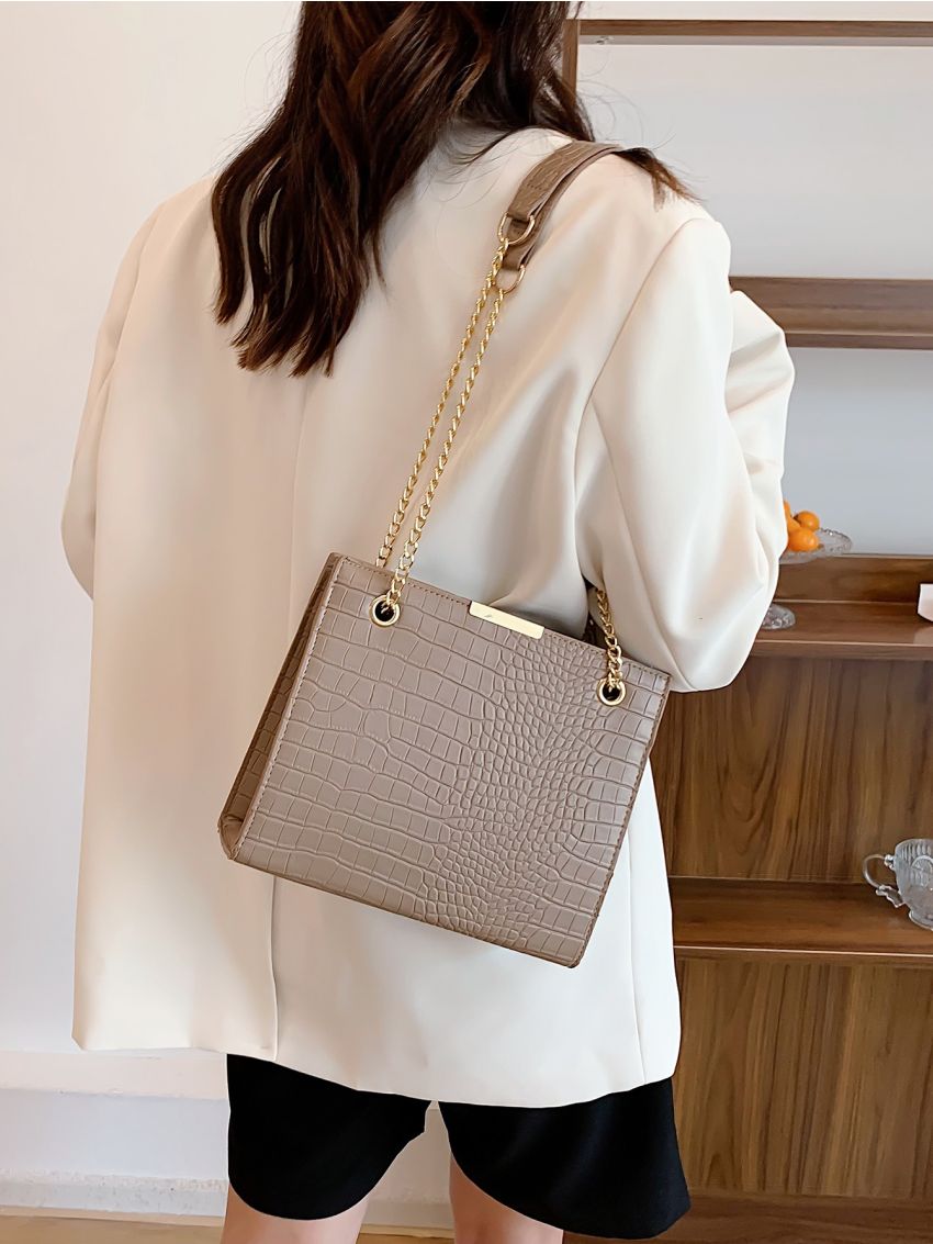 Crocodile Embossed Chain Square Bag