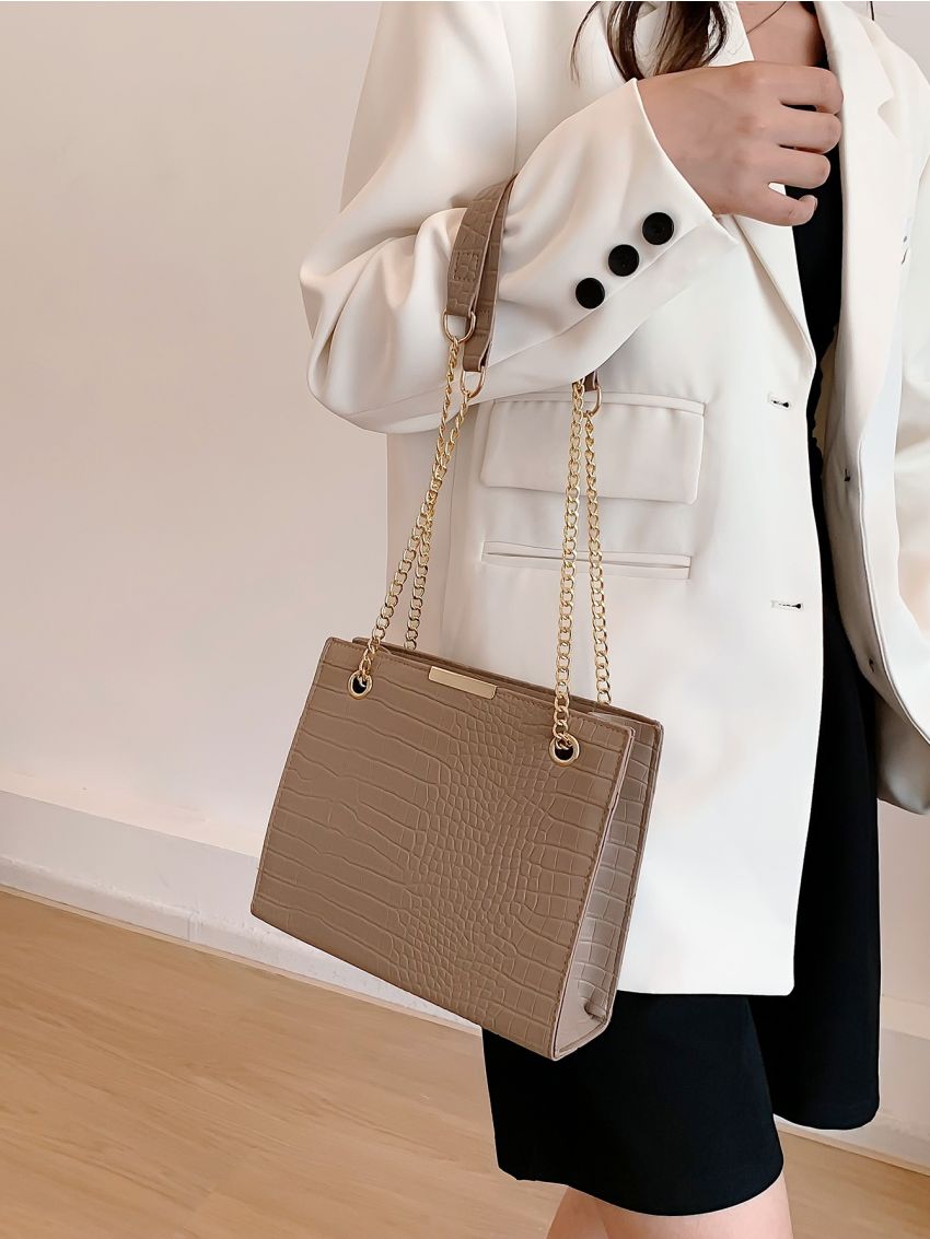 Crocodile Embossed Chain Square Bag