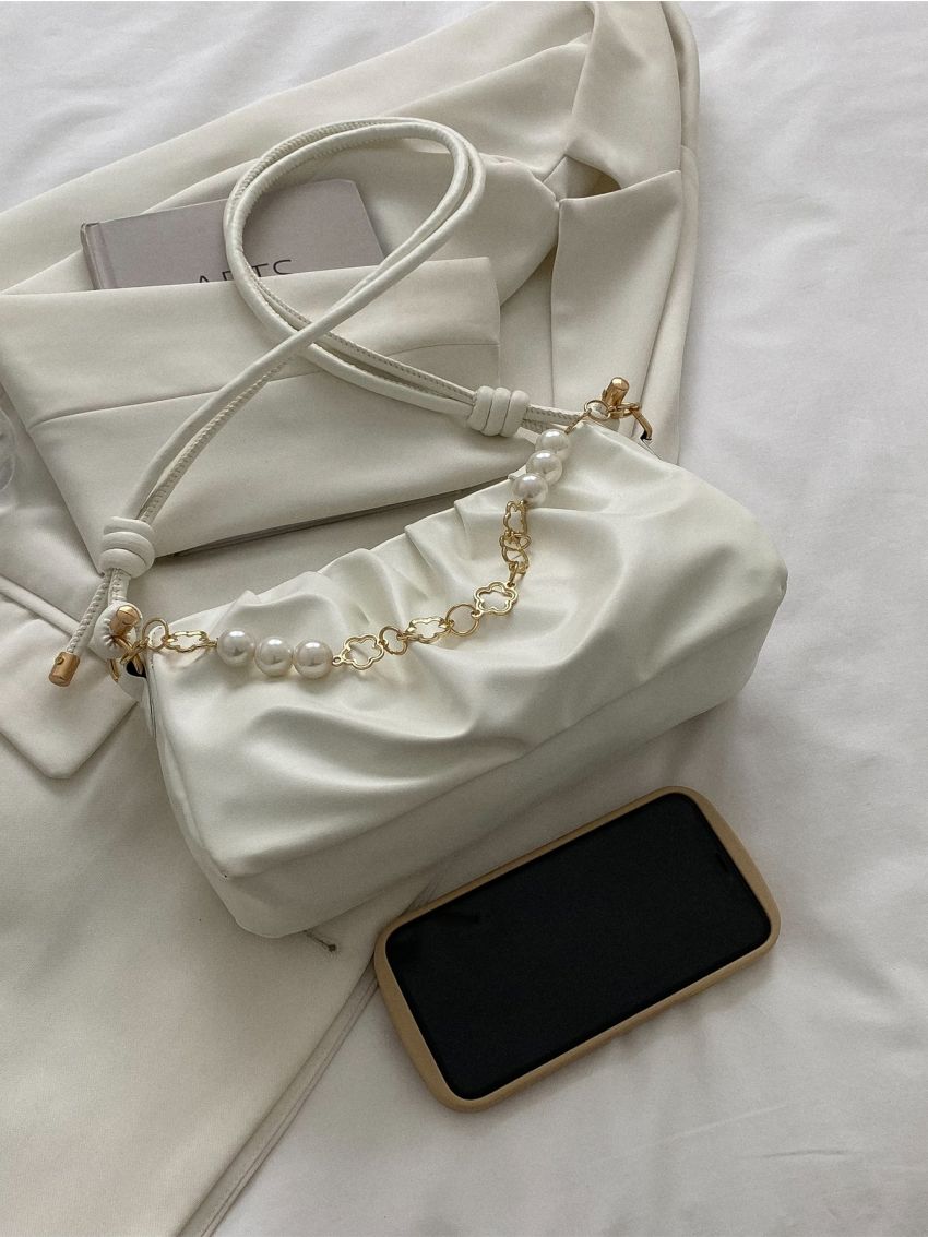 Faux Pearl & Chain Decor Ruched Bag
