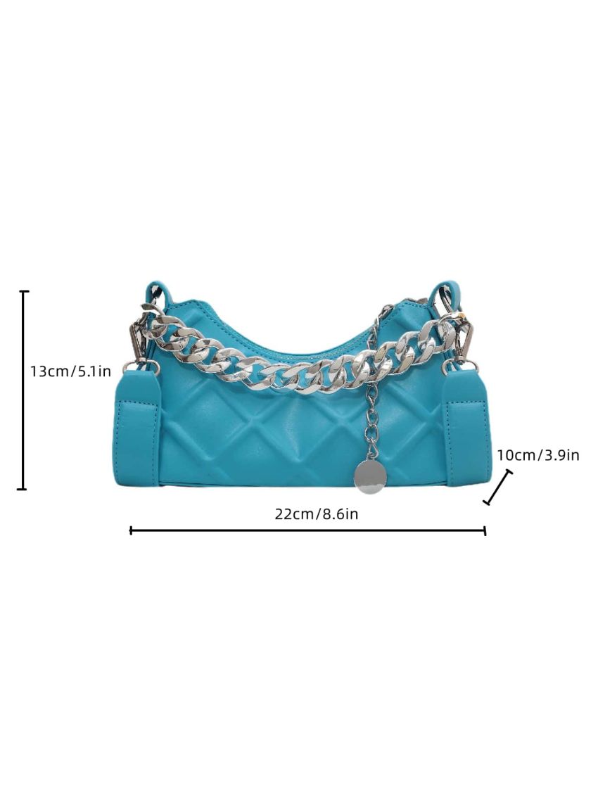 Neon Blue Argyle Embossed Chain Decor Baguette Bag