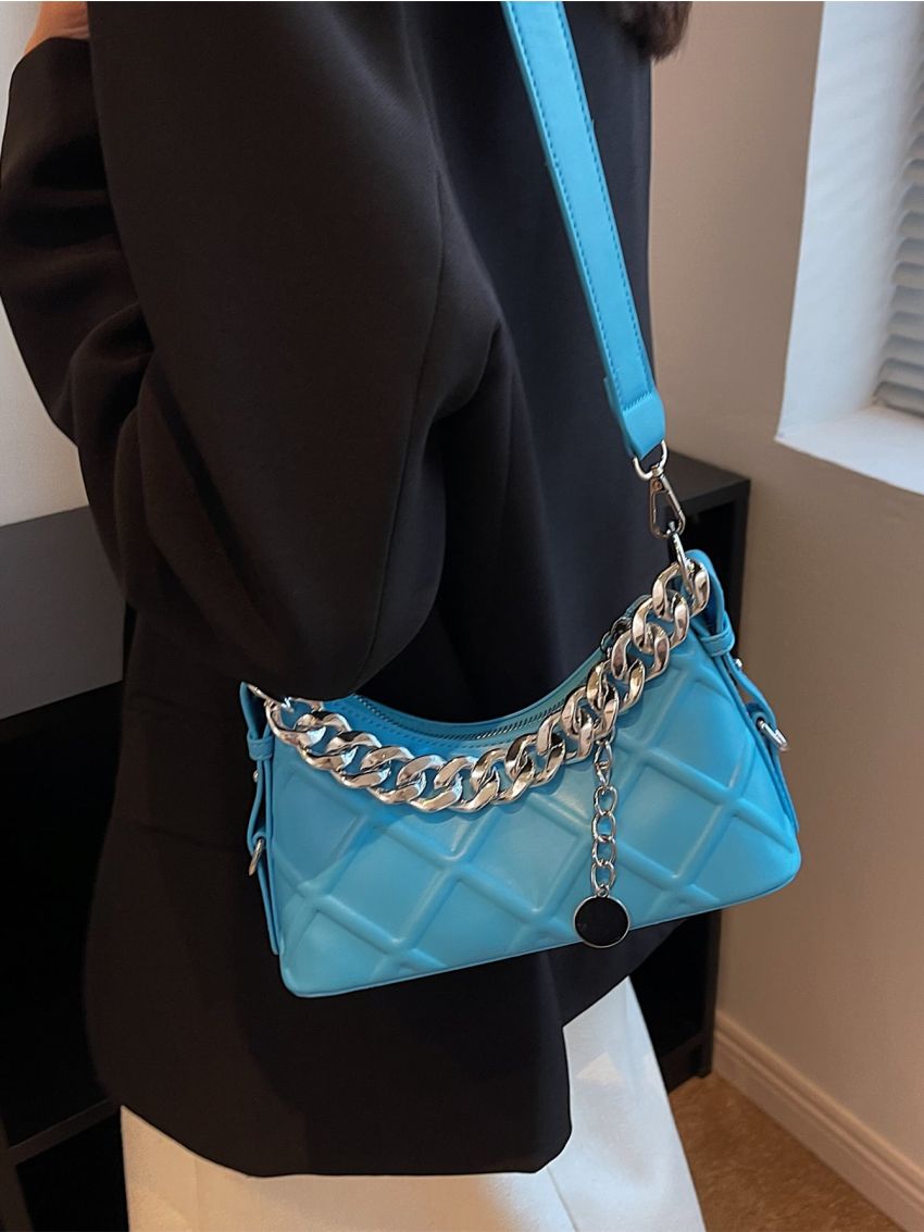 Neon Blue Argyle Embossed Chain Decor Baguette Bag