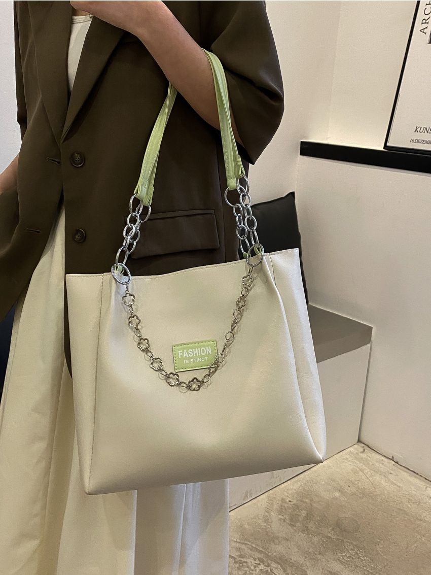 Letter Patch & Chain Decor Shoulder Tote Bag, Mothers Day Gift For Mom