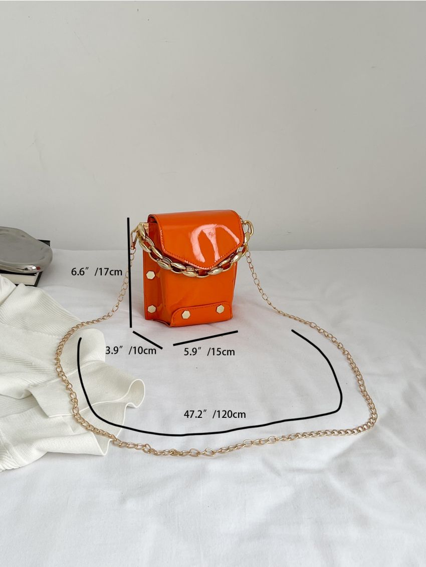 Mini Neon Orange Studded Decor Chain Flap Square Bag