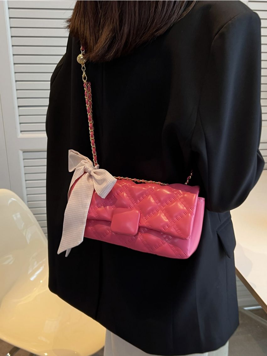 Neon-Pink Twilly Scarf Decor Quilted Flap Chain Square Bag