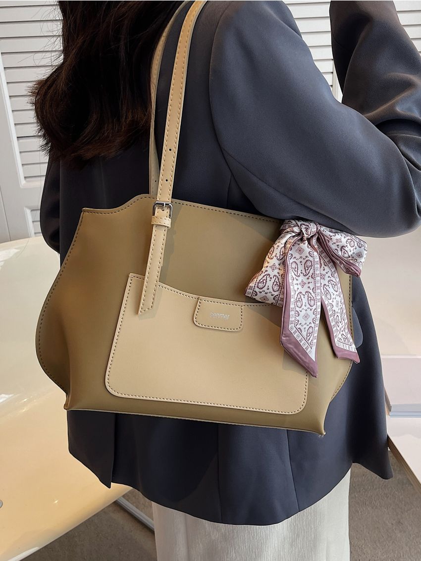 Letter Detail Twilly Scarf Decor Shoulder Tote Bag