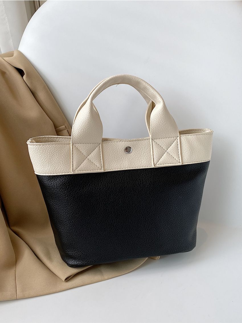 Two Tone Litchi Embossed Top Handle Bag